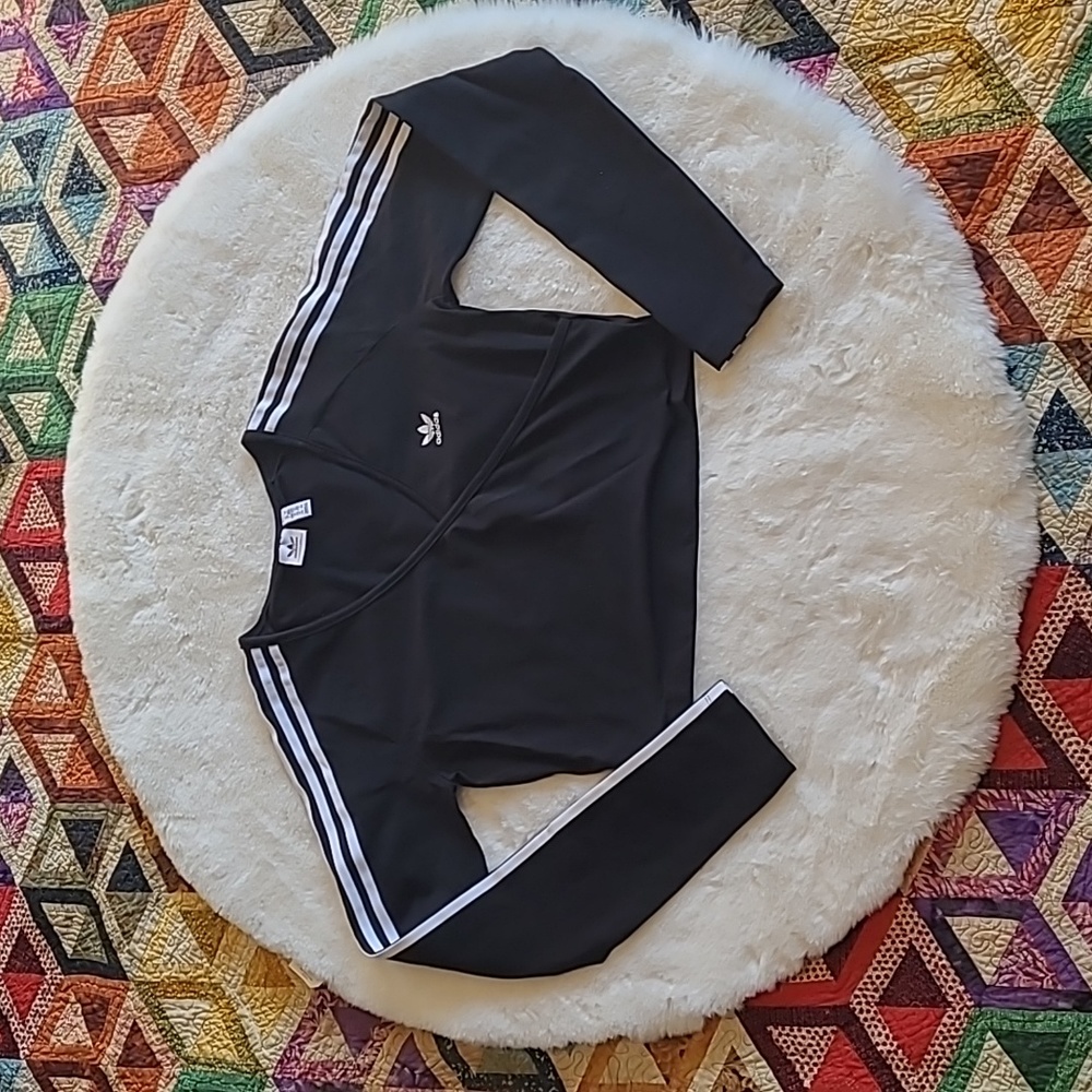 Adidas 3 Stripe Black Athletic Athleisure Workout Long Sleeve Workout Crop Top